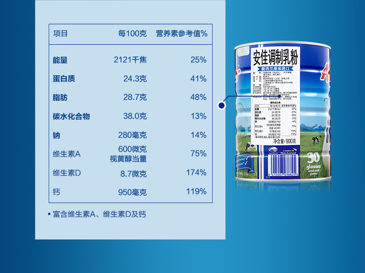 成人奶粉 安佳全脂奶粉 新西兰进口900g罐装 全脂奶粉